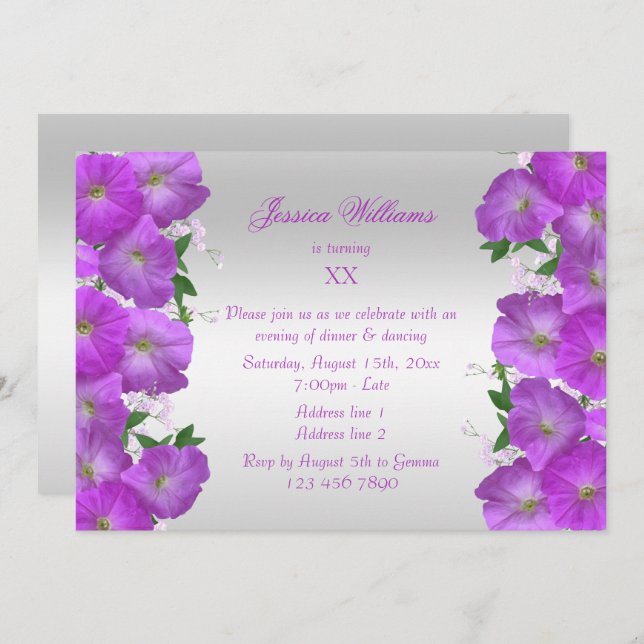 Invitación Hermoso cumpleaños floral elegante de Petunias (Anverso / Reverso)
