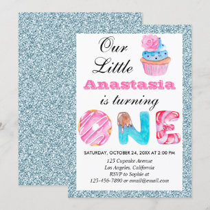 Invitación Hermoso Cupcake Brillante Azul Claro Cumpleaños 1