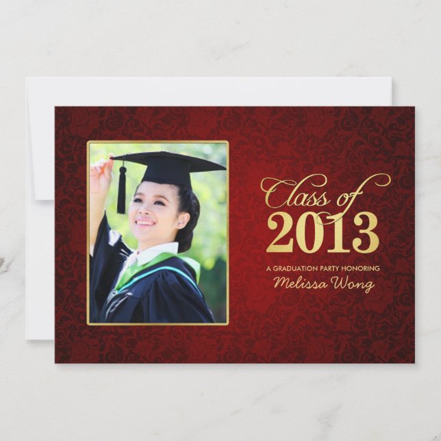 Invitación Hermoso Damasco rojo floral y clase de oro de 2013 (Anverso)