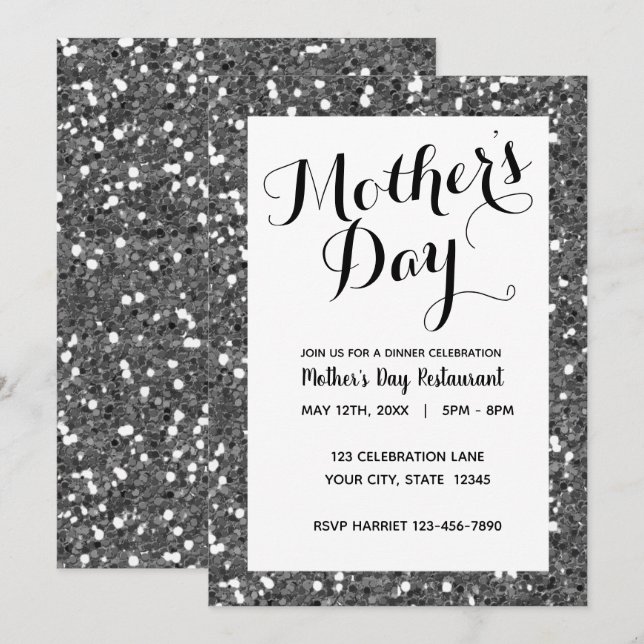Invitación Hermoso Día de la Madre Purpurina Plata (Anverso / Reverso)