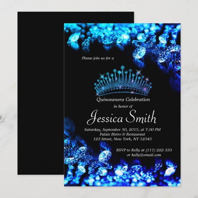 Invitación Hermoso Diamante Azul Real Invitado Quinceañera (Anverso / Reverso)