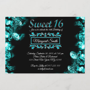 Invitación Hermoso Diamantes Turquesa Negro Dulce 16 Invitado