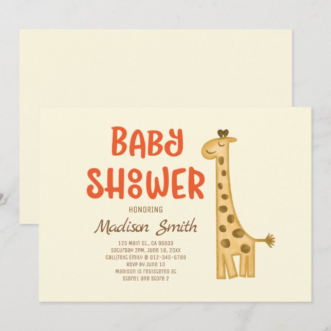 Invitación Hermoso Doodle Watercolor Girafa Baby Shower (Anverso / Reverso)