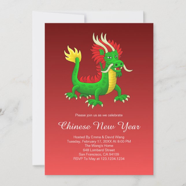 Invitación Hermoso Dragón Chino Dibujado a Mano (Anverso)