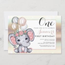 Invitación Hermoso elefante bebé floral con globos
