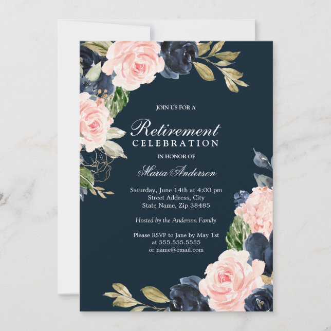 Invitación Hermoso Fiesta de Jubilación Elegante de Rubor y M (Anverso)