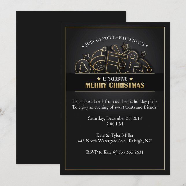 Invitación Hermoso Fiesta de Navidades negros y dorados (Anverso / Reverso)