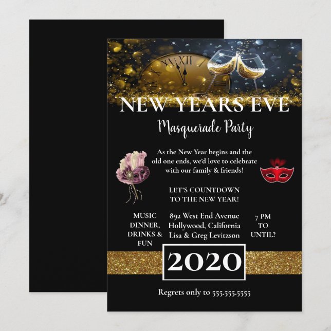 Invitación Hermoso Fiesta negro de Año Nuevo (Anverso / Reverso)