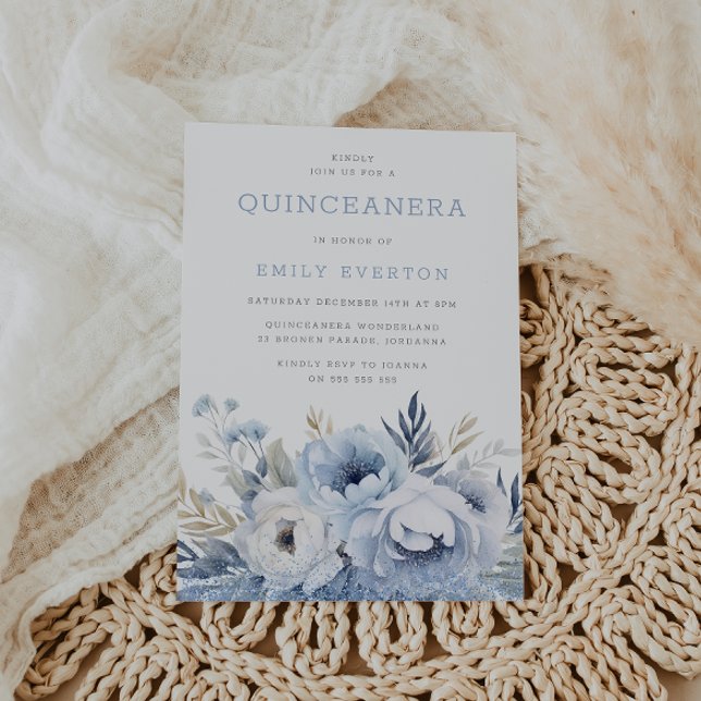 Invitación Hermoso Fiesta Quinceanera floral azul (Subido por el creador)