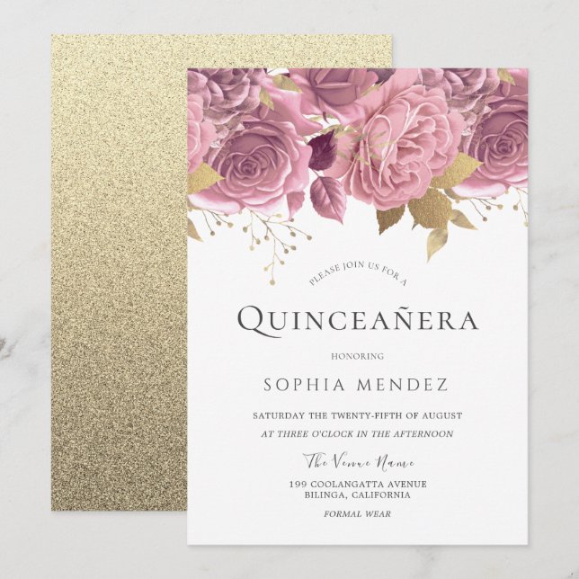 Invitación Hermoso Fiesta Rubor Floral & Gold Quinceanera (Anverso / Reverso)
