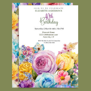 Invitación Hermoso floral primaveral en acuarela para cumplea