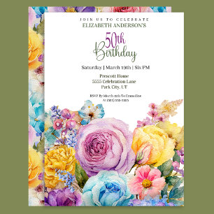 Invitación Hermoso floral primaveral en acuarela para cumplea