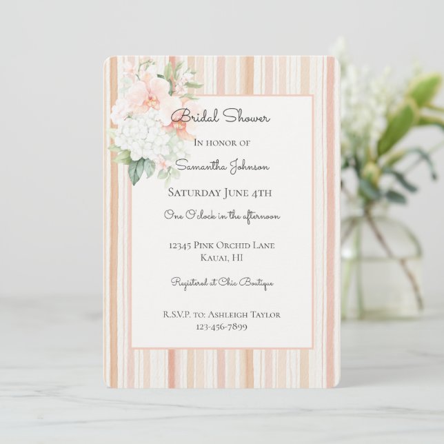 Invitación Hermoso Flores de Orquídea Melocotón Rayas Despedi (Anverso de pie)