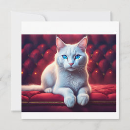 Invitación Hermoso Gato Albino De Ojos Azules En Un Sofá Rojo