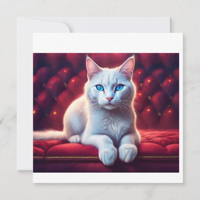 Invitación Hermoso Gato Albino De Ojos Azules En Un Sofá Rojo (Anverso)
