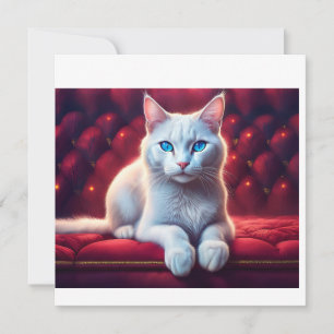 Invitación Hermoso Gato Albino De Ojos Azules En Un Sofá Rojo