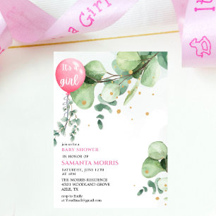 Invitación Hermoso Globo de Eucalipto Rosa para Baby Shower d