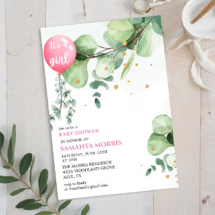 Invitación Hermoso Globo de Eucalipto Rosa para Baby Shower d