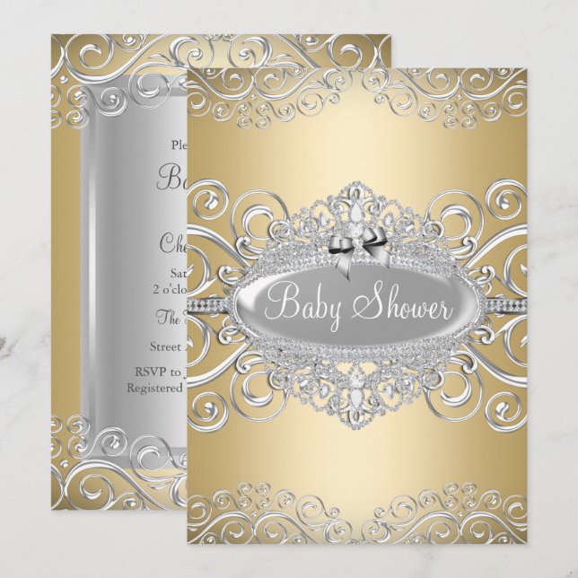 Invitación Hermoso Gold & Silver Damask Princess Baby Shower (Anverso / Reverso)