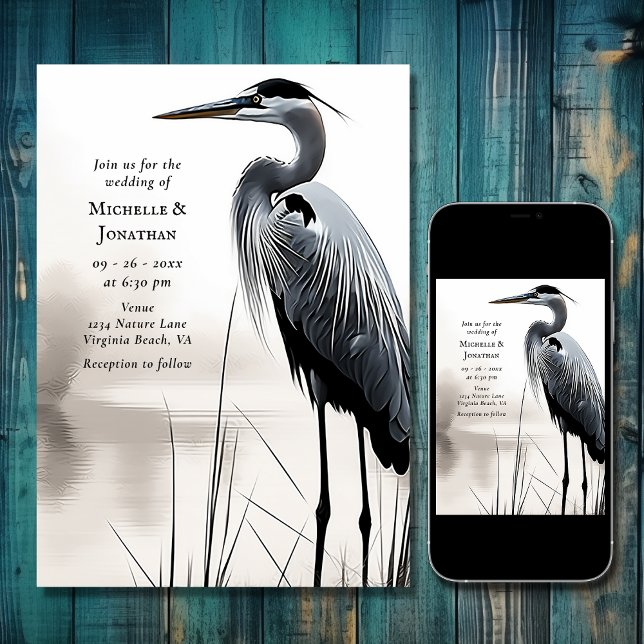 Invitación Hermoso Gran Boda de aves costeras de la garza de  (Beautiful Great Blue Heron Water Bird Wedding Invitation)