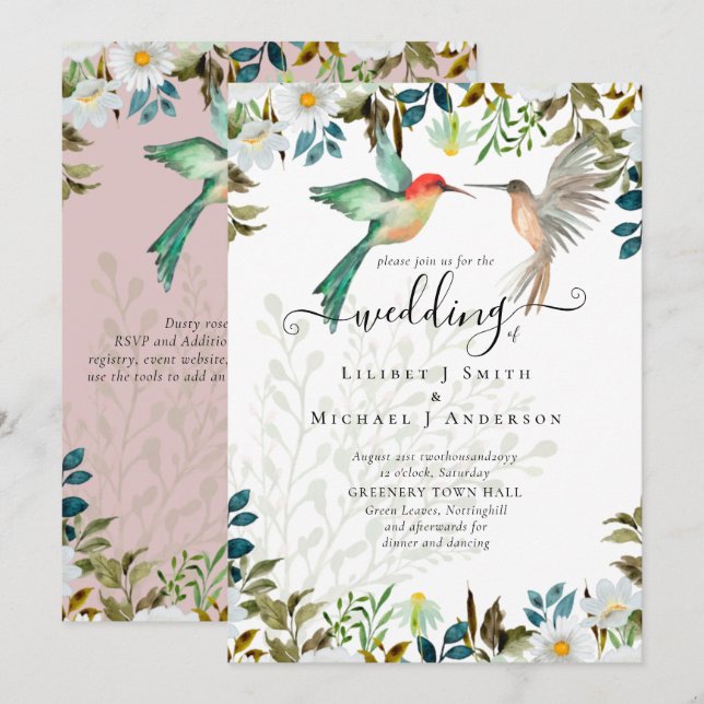 Invitación Hermoso HUMMINGBIRDS Pareja Boda (Anverso / Reverso)