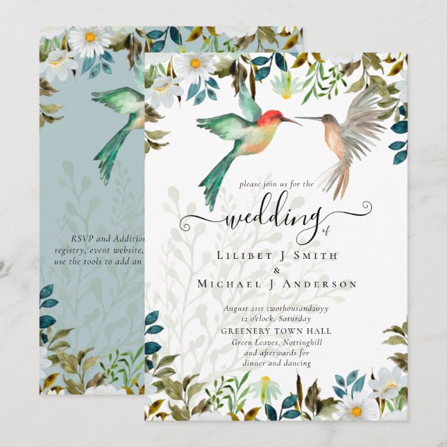 Invitación Hermoso HUMMINGBIRDS Pareja Boda (Anverso / Reverso)
