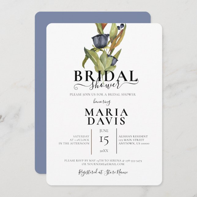 Invitación Hermoso Ilustracion Blue Bouquet Bridal Shower (Anverso / Reverso)