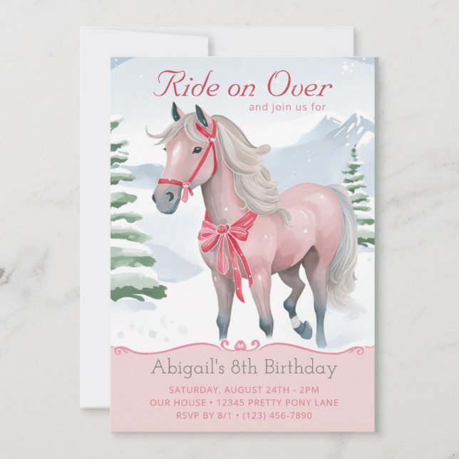 Invitación Hermoso invierno Woodland Pink Horse Birday (Anverso)