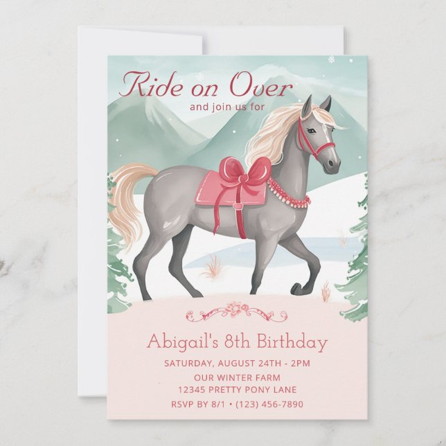 Invitación Hermoso invierno Woodland Pink Horse Birday (Anverso)