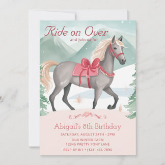 Invitación Hermoso invierno Woodland Pink Horse Birday