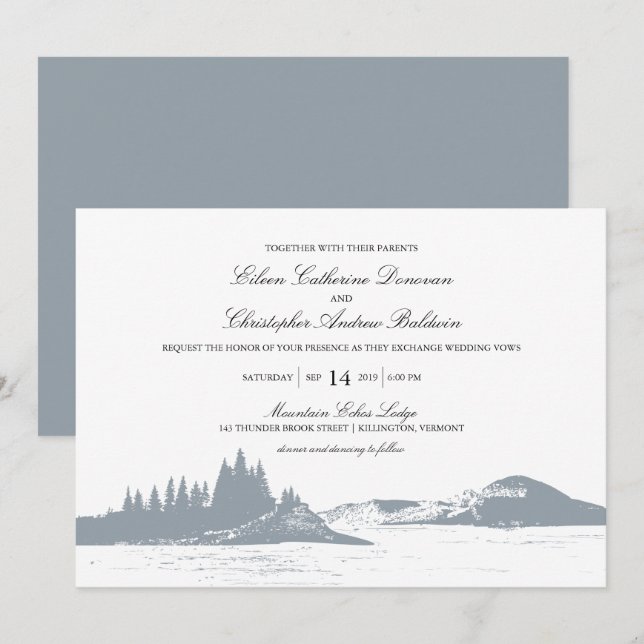 Invitación Hermoso lago de Pinos de Montaña Gris | BODA (Anverso / Reverso)