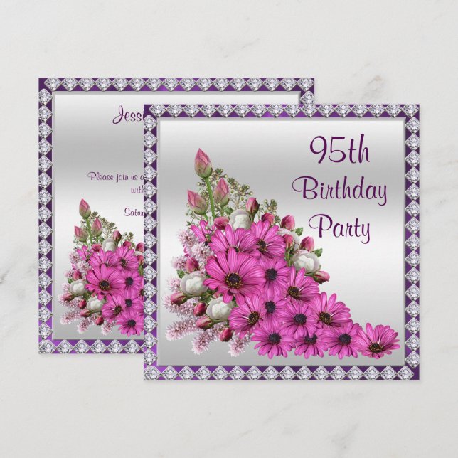 Invitación Hermoso Lilac Bouquet & Diamantes 95º cumpleaños (Anverso / Reverso)