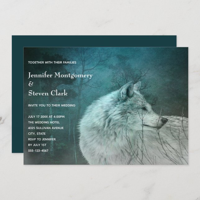 Invitación Hermoso lobo gris en un Boda forestal oscuro (Anverso / Reverso)