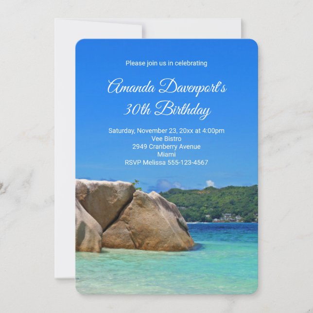 Invitación Hermoso mar tropical con cumpleaños de playa rocos (Anverso)
