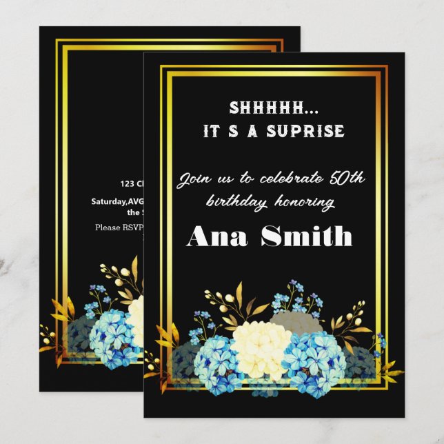 Invitación Hermoso marco de oro floral, 50 años de jubileo (Anverso / Reverso)