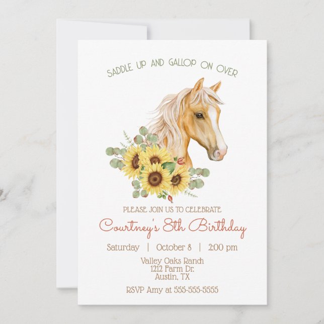 Invitación Hermoso, moderno cumpleaños de caballos y girasole (Anverso)