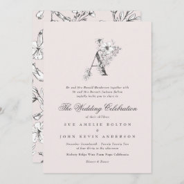 Invitación Hermoso Monograma de Rubor Floral 'A' esbozado