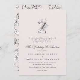 Invitación Hermoso Monograma de Rubor Floral 'Z' esbozado