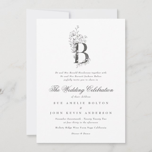 Invitación Hermoso Monograma Floral 'B' Boda esbozado (Anverso)