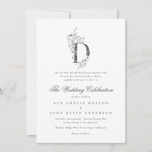Invitación Hermoso Monograma Floral 'D' Boda esbozado (Anverso)