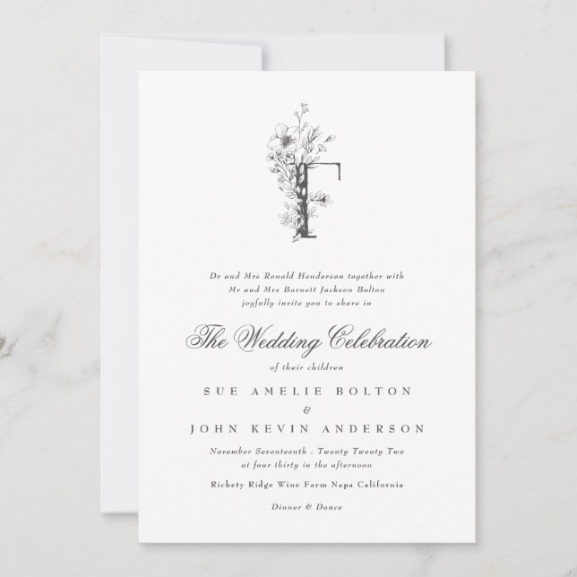 Invitación Hermoso Monograma Floral 'F' Boda esbozado (Anverso)