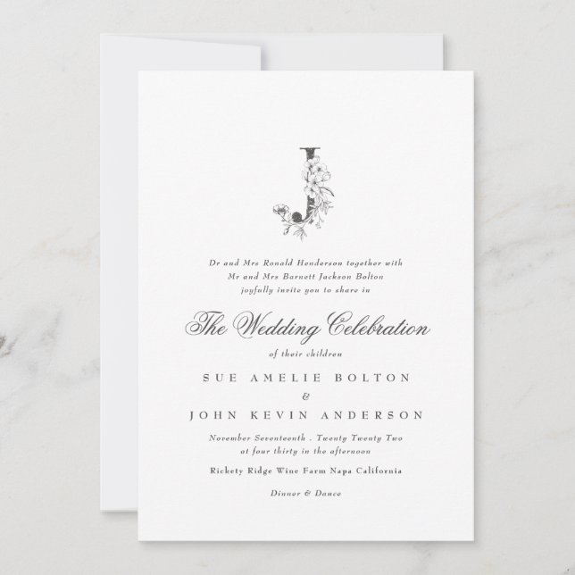 Invitación Hermoso Monograma Floral 'J' Boda esbozado (Anverso)