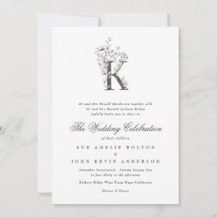 Invitación Hermoso Monograma Floral 'K' Boda esbozado