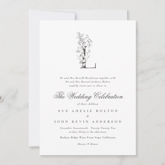 Invitación Hermoso Monograma Floral 'L' Boda esbozado (Anverso)