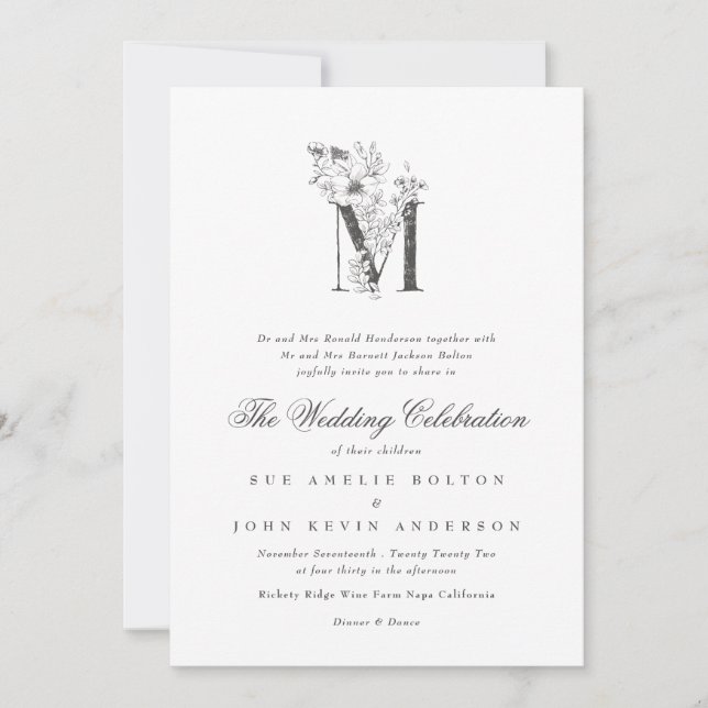Invitación Hermoso Monograma Floral 'M' Boda esbozado (Anverso)