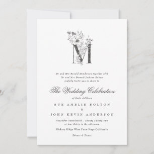 Invitación Hermoso Monograma Floral 'M' Boda esbozado