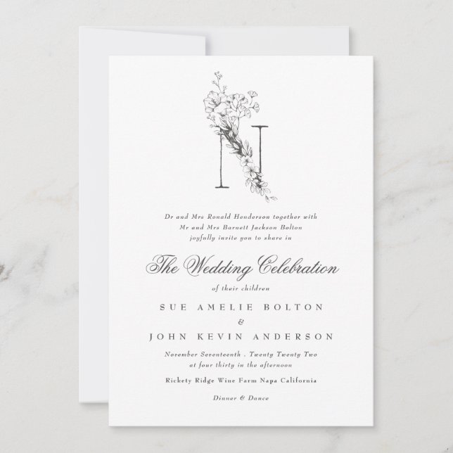 Invitación Hermoso Monograma Floral 'N' Boda esbozado (Anverso)
