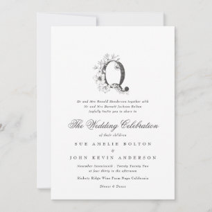 Invitación Hermoso Monograma Floral 'Q' Boda esbozado