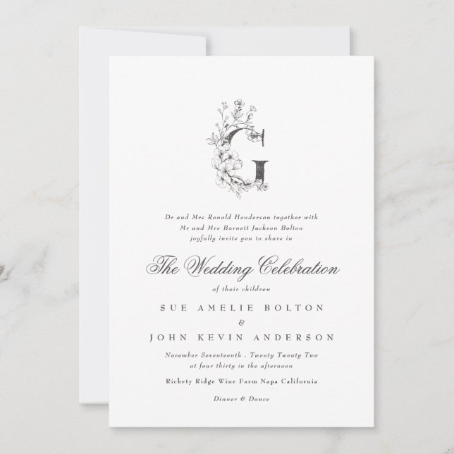 Invitación Hermoso Monograma 'G' Floral Boda esbozado (Anverso)