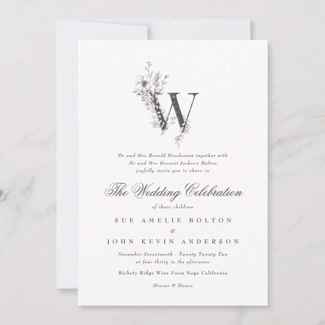 Invitación Hermoso Monograma 'W' floral Boda esbozado (Anverso)